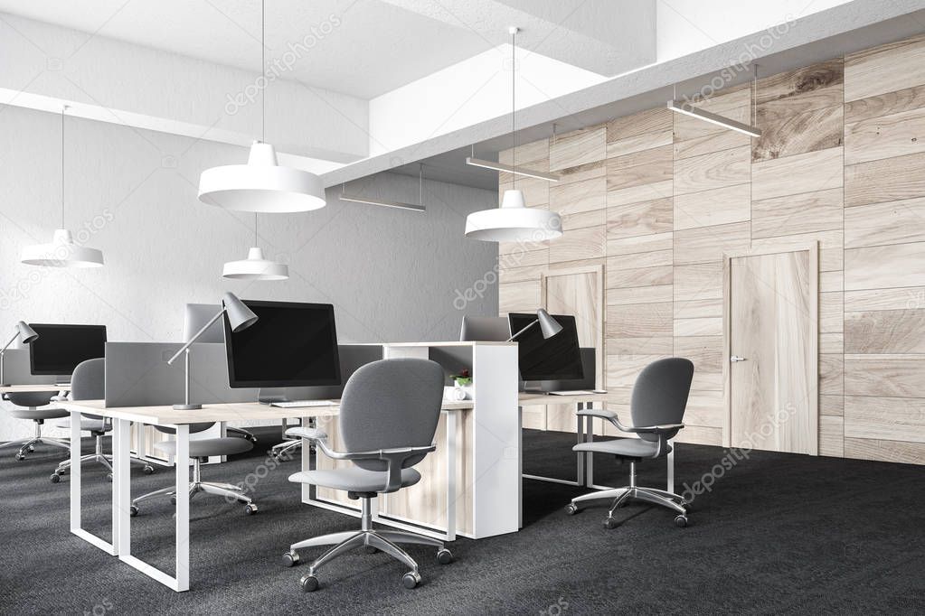 Wooden and concrete open space workplace corner