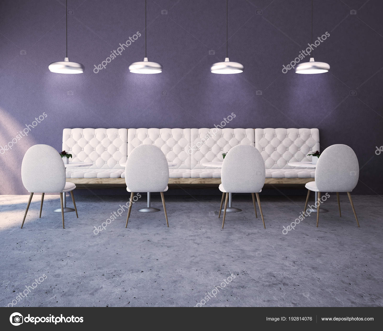 Purple Luxury Restaurant Interior Sofa And Chairs Stock