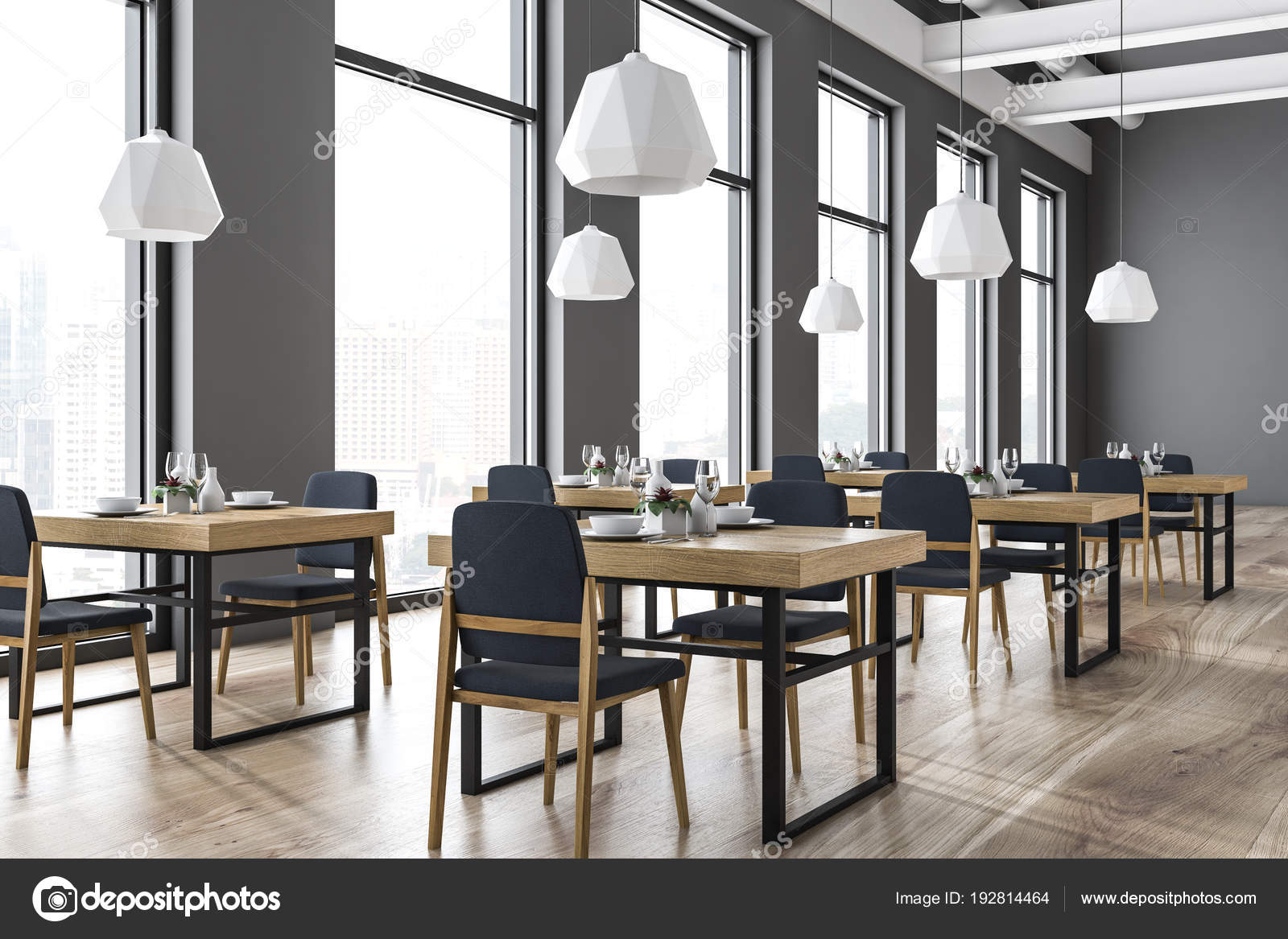 Gray wall restaurant interior, wooden floor Stock Photo by