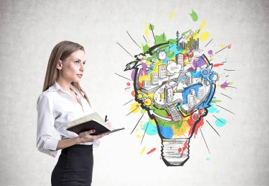 Dizüstü bilgisayar, iş fikri ile sarışın iş kadını