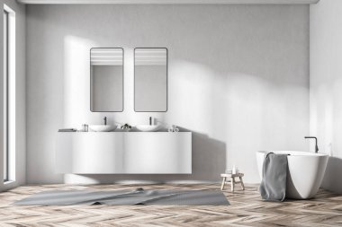 Çift lavabo beyaz banyo küvet ile önden görünümü