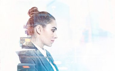 Serious young businesswoman, cityscape clipart