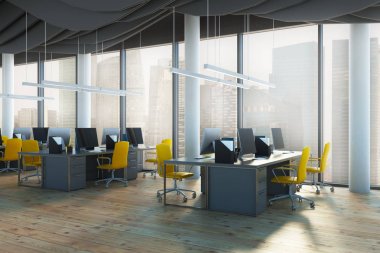 Sarı koltuğu açık alan ofis, yan görünüm