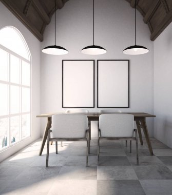 Rahat tavan Restoran iç, posterler yan görünüm