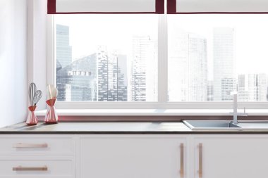 White kitchen sink near window with cityscape clipart