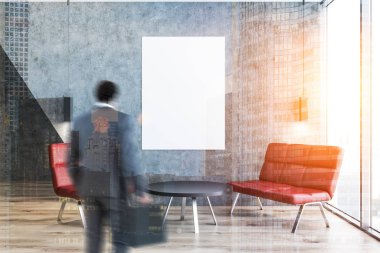 Kırmızı koltuklar, poster, adam beton Oda