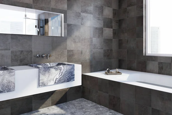 Preto azulejos canto do banheiro — Fotografia de Stock