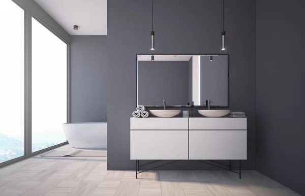 Bagno panoramico grigio scuro interno, lavabo — Foto Stock