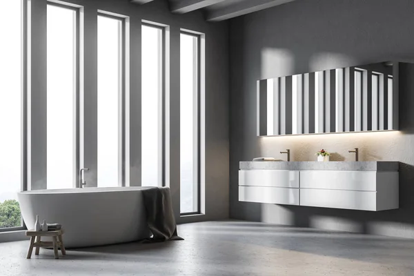 Dubbele wastafel grijze badkamer met badkuip zijaanzicht — Stockfoto