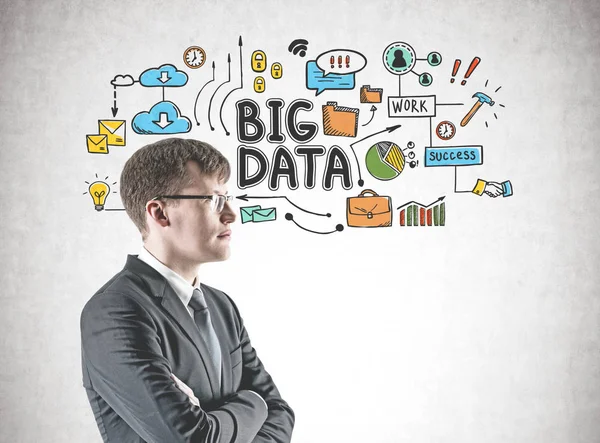 Confident cross armed businessman, big data — Stock Photo, Image