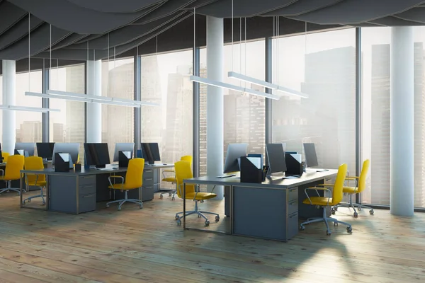 Sarı koltuğu açık alan ofis, yan görünüm