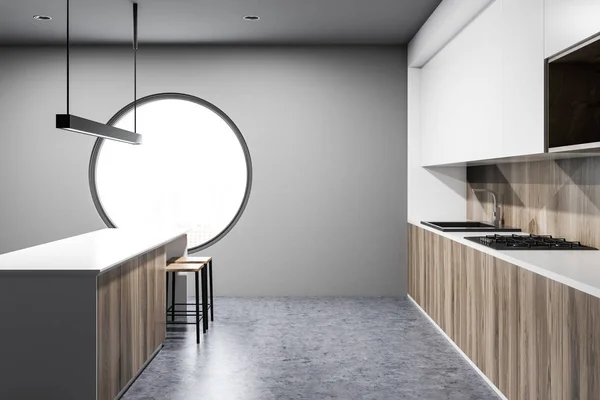 Gray round window kitchen interior — Stock Photo, Image