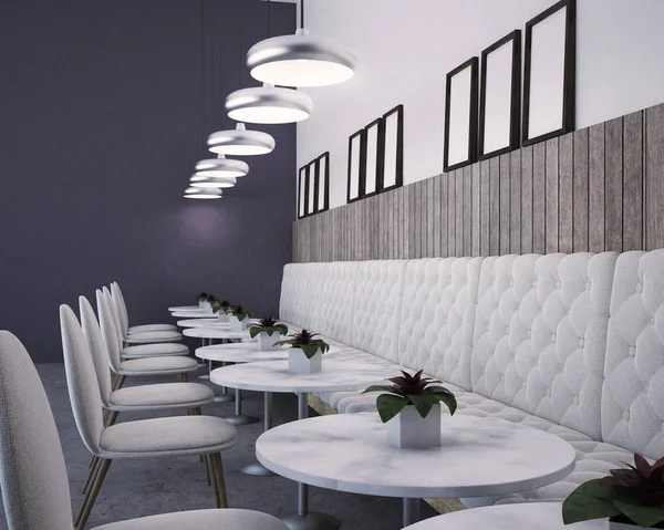 Фіолетово-білий розкішний ресторан, галерея плакатів — стокове фото