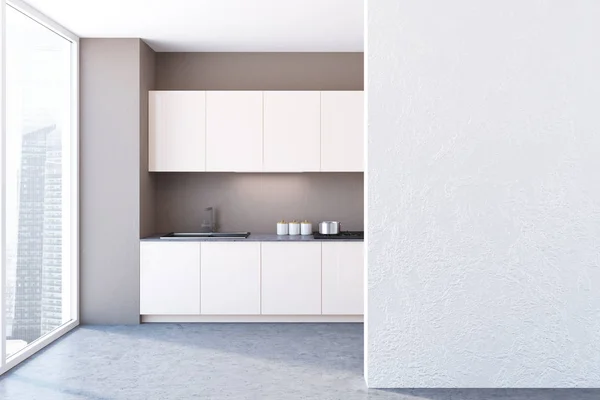 Blanco cocina panorámica interior simulacro de pared — Foto de Stock