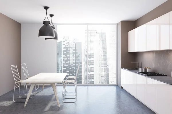 White panoramic kitchen interior, table — Stock Photo, Image