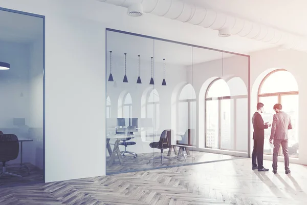 Modern white wall office lobby, businessmen