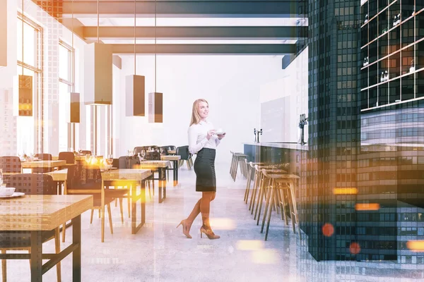 White modern bar interior, woman