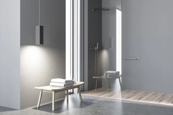 Bagno grigio con doccia, vista laterale — Foto Stock