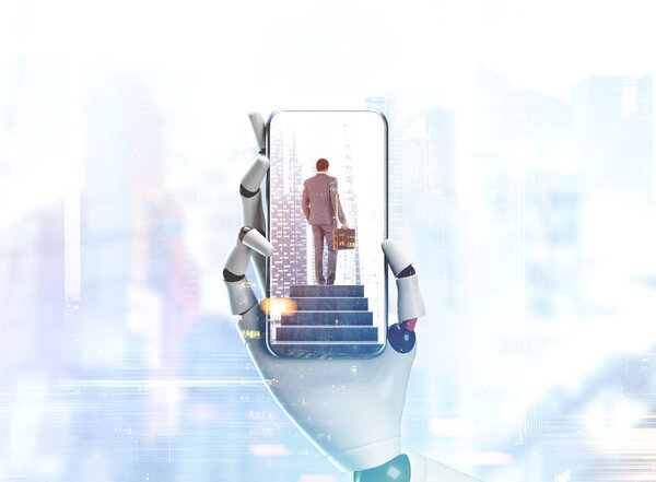 Robot hand with a smartphone, foggy city