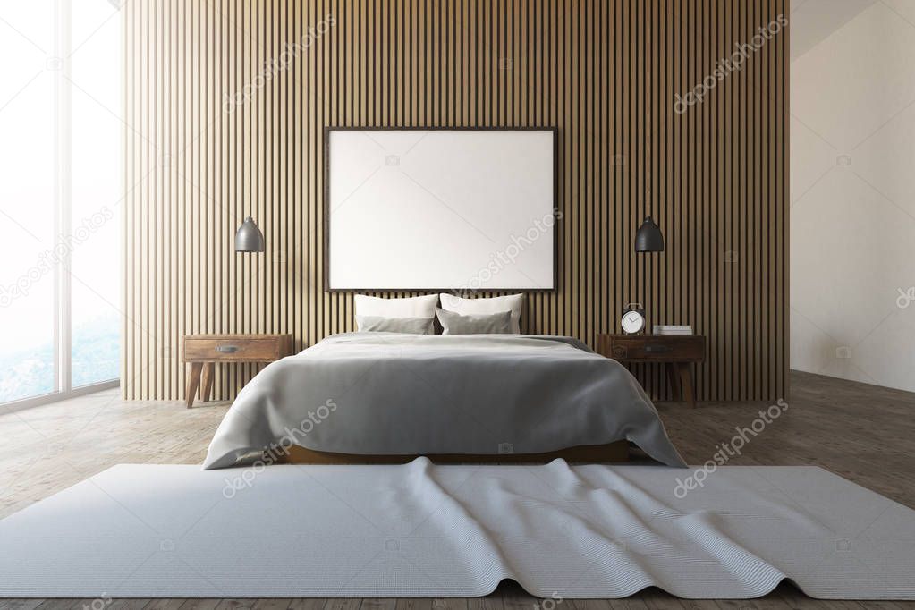 Wooden wall loft bedroom interior, poster