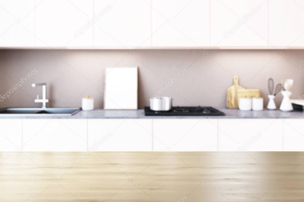 White kitchen countertop, poster blur