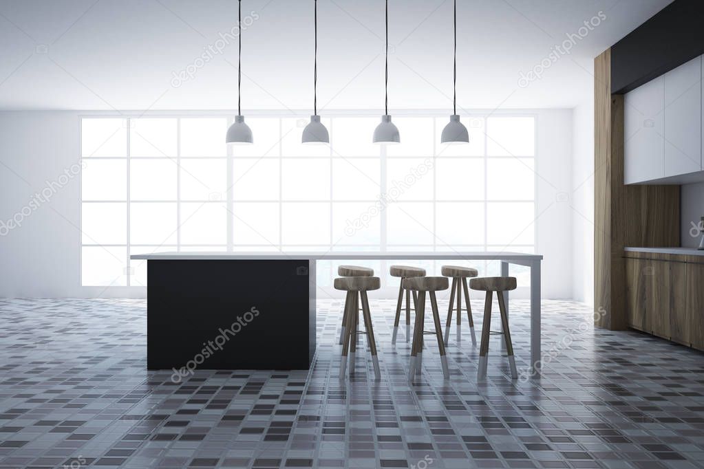 White and black kitchen interior, bar