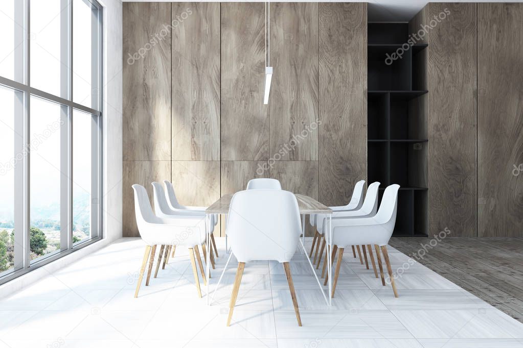 White and wooden dining room, side view