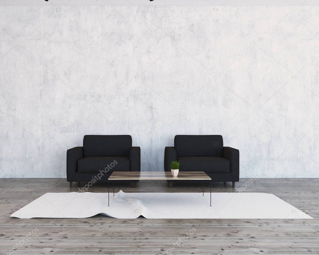 Concrete living room, black armchairs