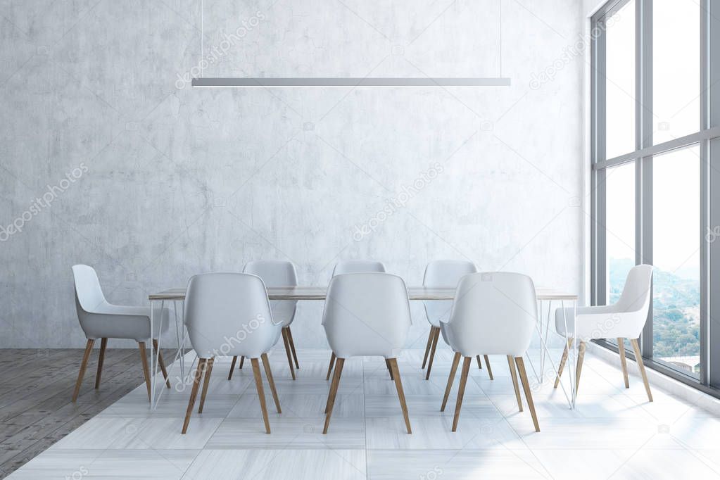 Panoramic white dining room interior