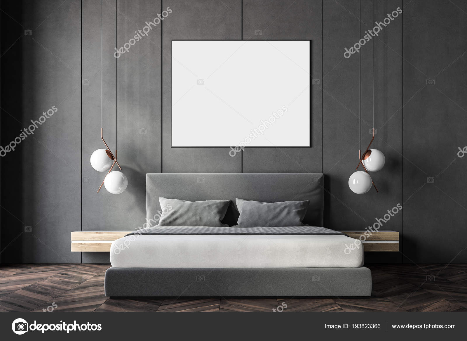 Gray Arched Window Bedroom Interior King Size Bed Fireplace Framed Stock Photo By Denisismagilov 193823366 Gray Arched Window Bedroom Interior, Hanging King Size Bed