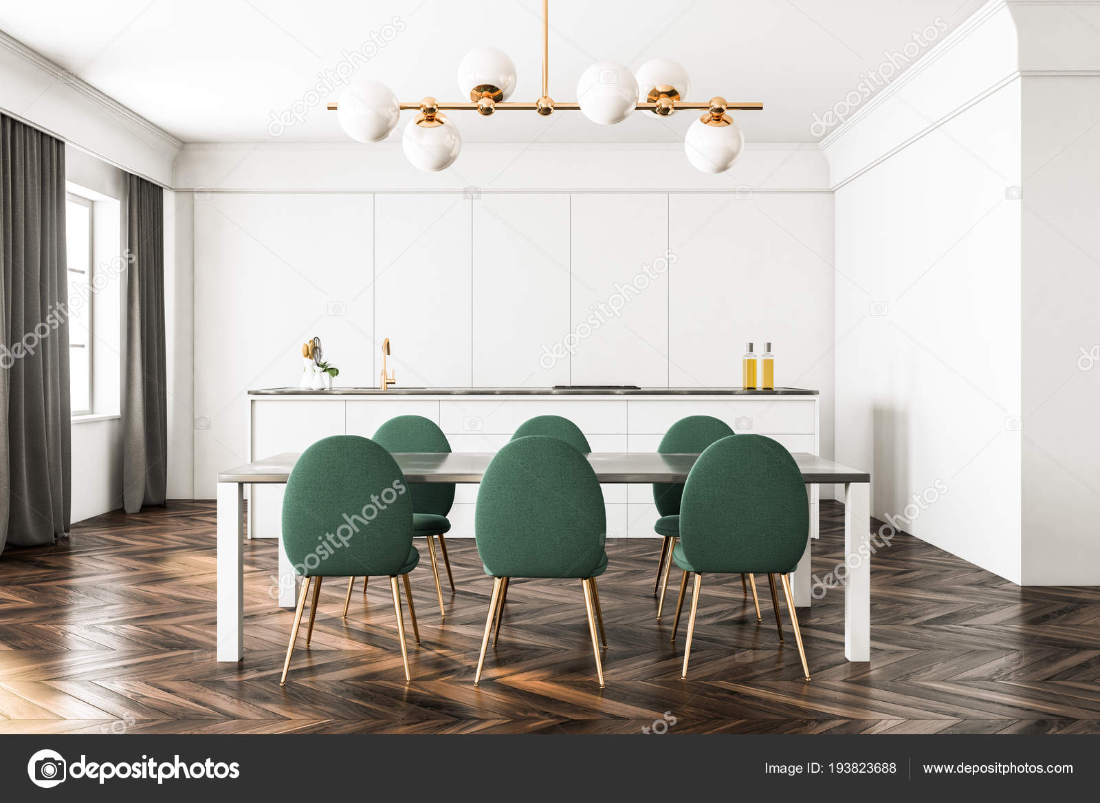 White Dining Room Kitchen Interior Dark Wooden Floor White Walls