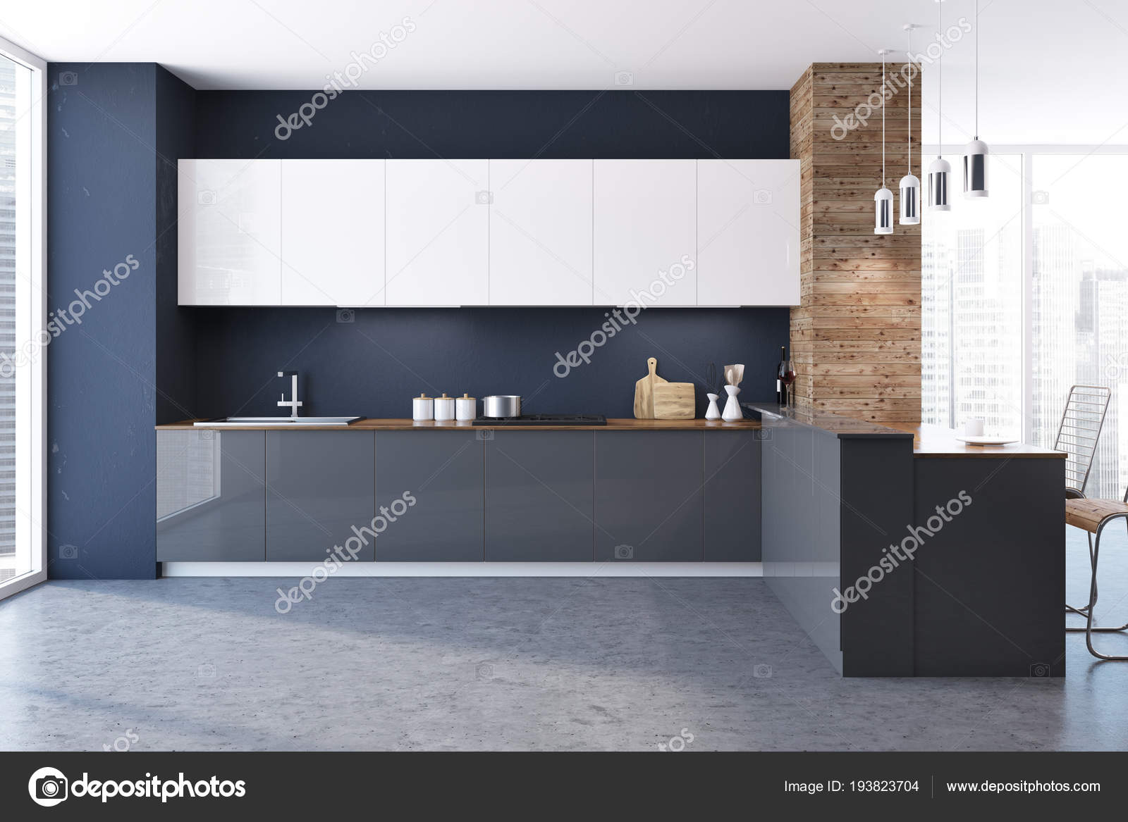 Intérieur Cuisine Loft Mur Noir Bois Avec Sol Béton