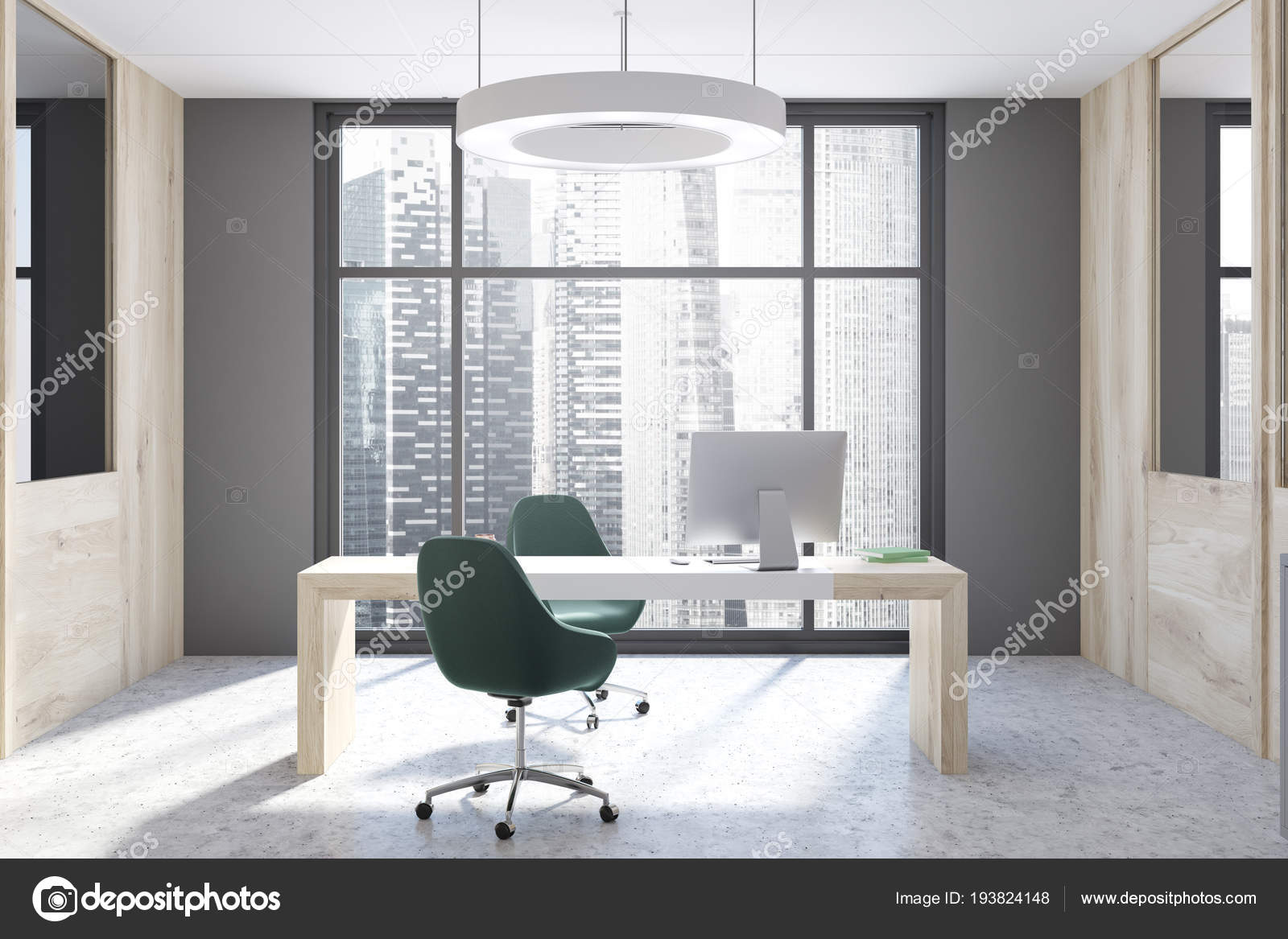 Gray Wooden Ceo Office Interior White Floor Wooden Computer