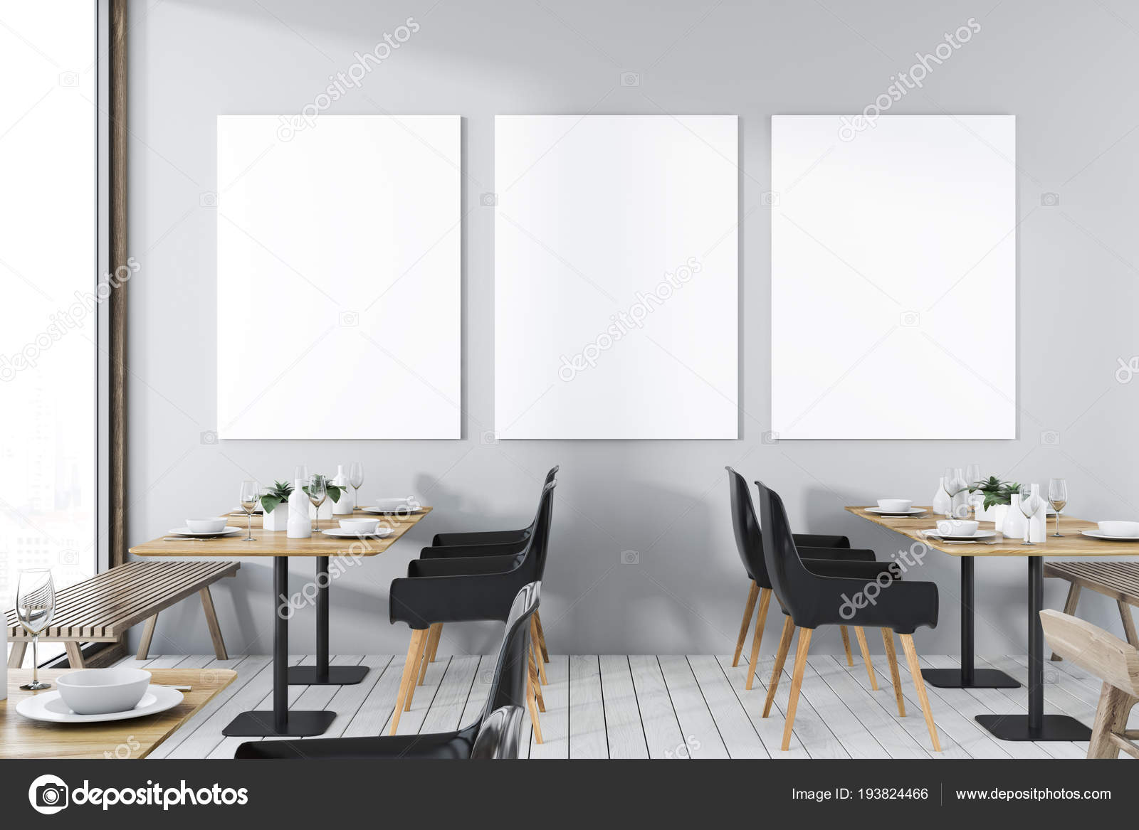 Blank Poster Gallery Wooden Floor Restaurant Gray Walls Set Tables