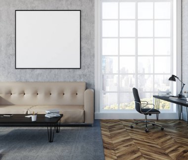 Beton duvar salon iç yumuşak bej kanepe, sehpa ve köşede bir ev ofis. Duvardaki çerçeveli poster. A yakın çekim. 3D render alay