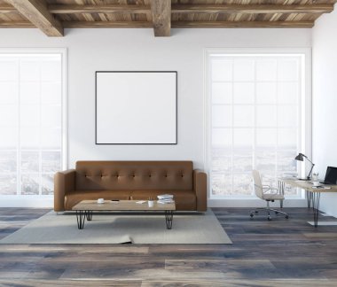 Beyaz duvar salon iç yumuşak kahverengi kanepe, sehpa ve köşede bir ev ofis. Duvardaki çerçeveli poster. 3D render alay