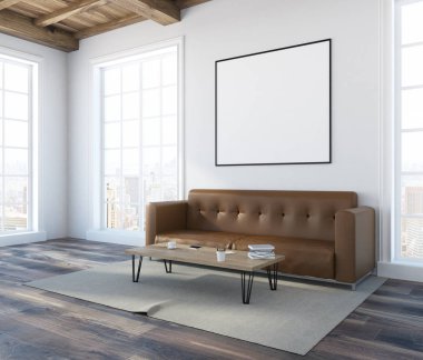 Beyaz duvar salon iç yumuşak kahverengi kanepe, sehpa ve duvardaki çerçeveli poster. Yan görünümü. 3D render alay
