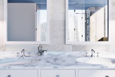 Bej bir çift beyaz mermer lavabo banyo iç ve iki kare aynalar üzerinde asılı döşenir. 3D render