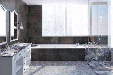 Karanlık büyük bir küvet, duş ve siyah mermer çift lavabo banyo iç üstünde asılı iki kare aynalar ile döşenmiş. 3D render