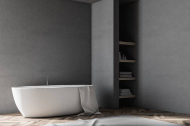 Bir ahşap zemin, gri duvarlar, beyaz bir küvet ile banyo iç ve ve raflar köşede. Yerdeki beyaz bir halı. Yan görünümü. 3D render alay