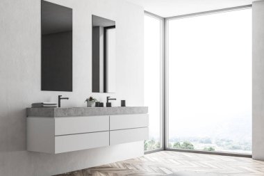 Loft banyo köşesi bir ahşap zemin, beyaz duvarlar ve bir çift lavabo ile iki dar dikey ayna üstünde asılı. 3D render
