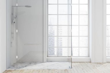 Loft banyo iç ahşap ve mermer zemin, beyaz duvarlar ve Duş kabini. Bir güzel cityscape pencereden gördüm. 3D render