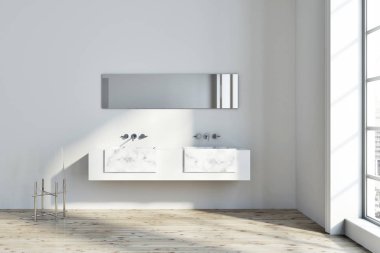 Loft beyaz duvarlar ve dar yatay ayna üstünde asılı beyaz mermer çift lavabo banyo iç. 3D render