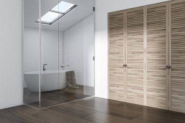 Büyük bir dolap bir yatak odası yanındaki beyaz bir küvet ile küçük beyaz banyo iç. 3D render alay