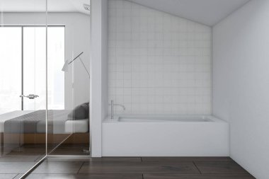 Küçük beyaz bir lüks yatak odası çatı penceresi ve bir cityscape yanında beyaz küvetli banyo iç döşenir. 3D render alay