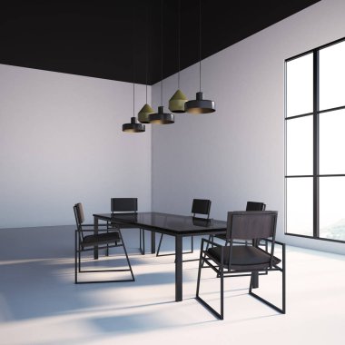 Beyaz yemek odası iç uzun bir masa, koyu ahşap sandalyeler, halı ve tavan lambaları bir dizi. Bir pencere. 3D render alay