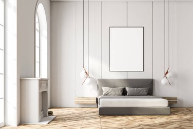 Beyaz kemerli pencere yatak odası iç bir yatak, bir şömine ve çerçeveli bir dikey poster üstünde asılı. 3D render alay