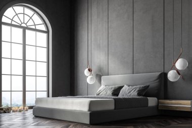 Gri pencere yatak köşe bir king size Yataklı ve duvarına bitişik bir başucu masalı kemerli. 3D render alay