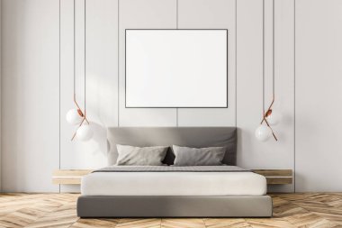 Beyaz bir yatak, bir şömine ve yukarıda asılı çerçeveli yatay poster ile pencere yatak odası iç kemerli. 3D render alay