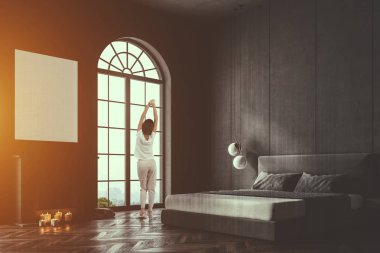 Gri bir köşesinde kemerli pencere yatak odası ve bir yatak, bir şömine ve çerçeveli bir dikey poster üstünde asılı. Kadın 3d render sahte kadar Çift tonlu görüntü pozlaması